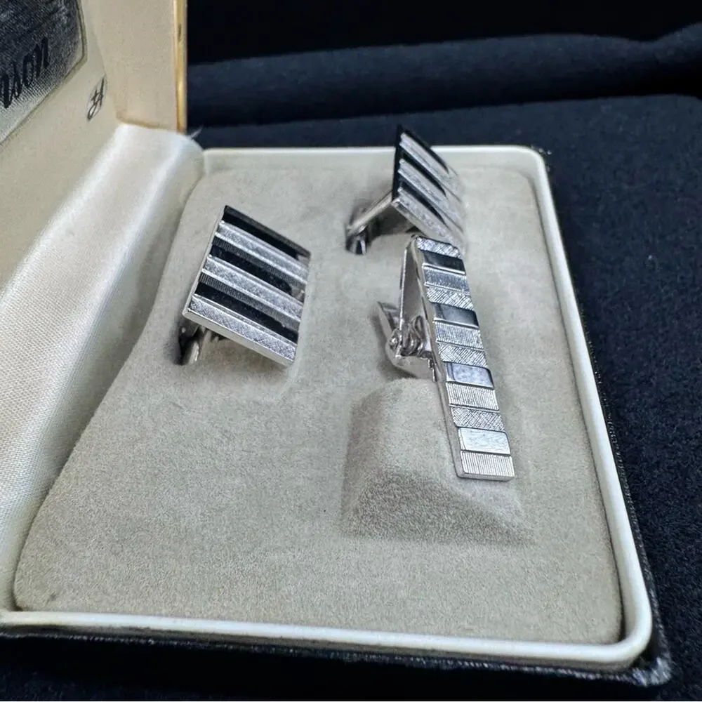 Vintage 60's Silver Tone Bar Anson Cufflinks and Tie Clip Set in Original Box